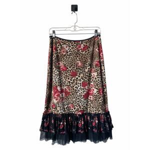 VTG Karen Kane Floral & Leopard Print Boho Artsy Midi Skirt w/ Tulle Ruffle Hem